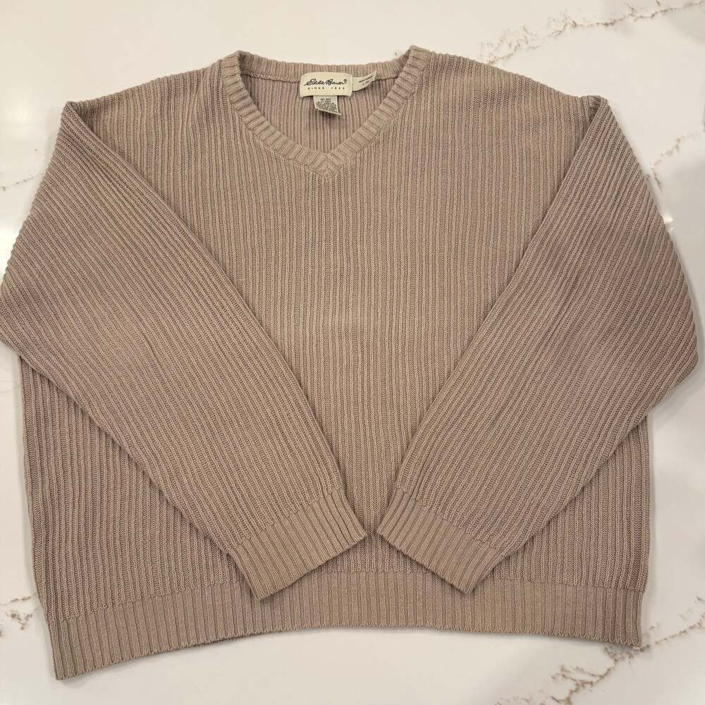 Eddie Bauer Men’s Tan Ribbed V-Neck Sweater Linen Cotton Blend Size L Vintage